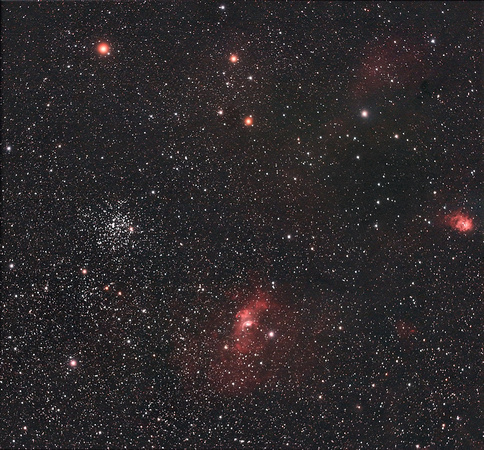 M52, NGC 7635 (Bubble Nebula), and NGC 7538